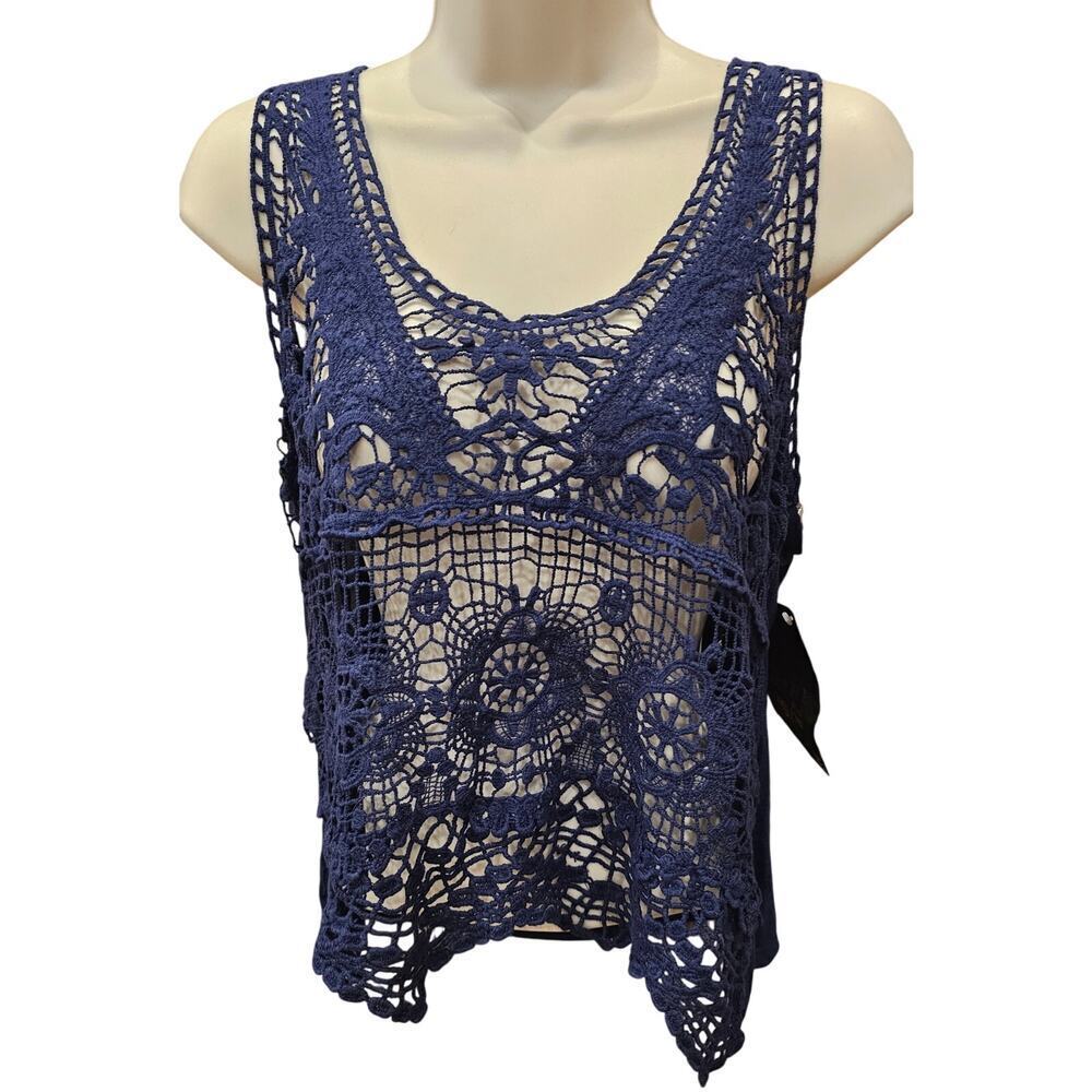 NWT y2k crochet front open lace blue layering summer boho tank sz S coquette